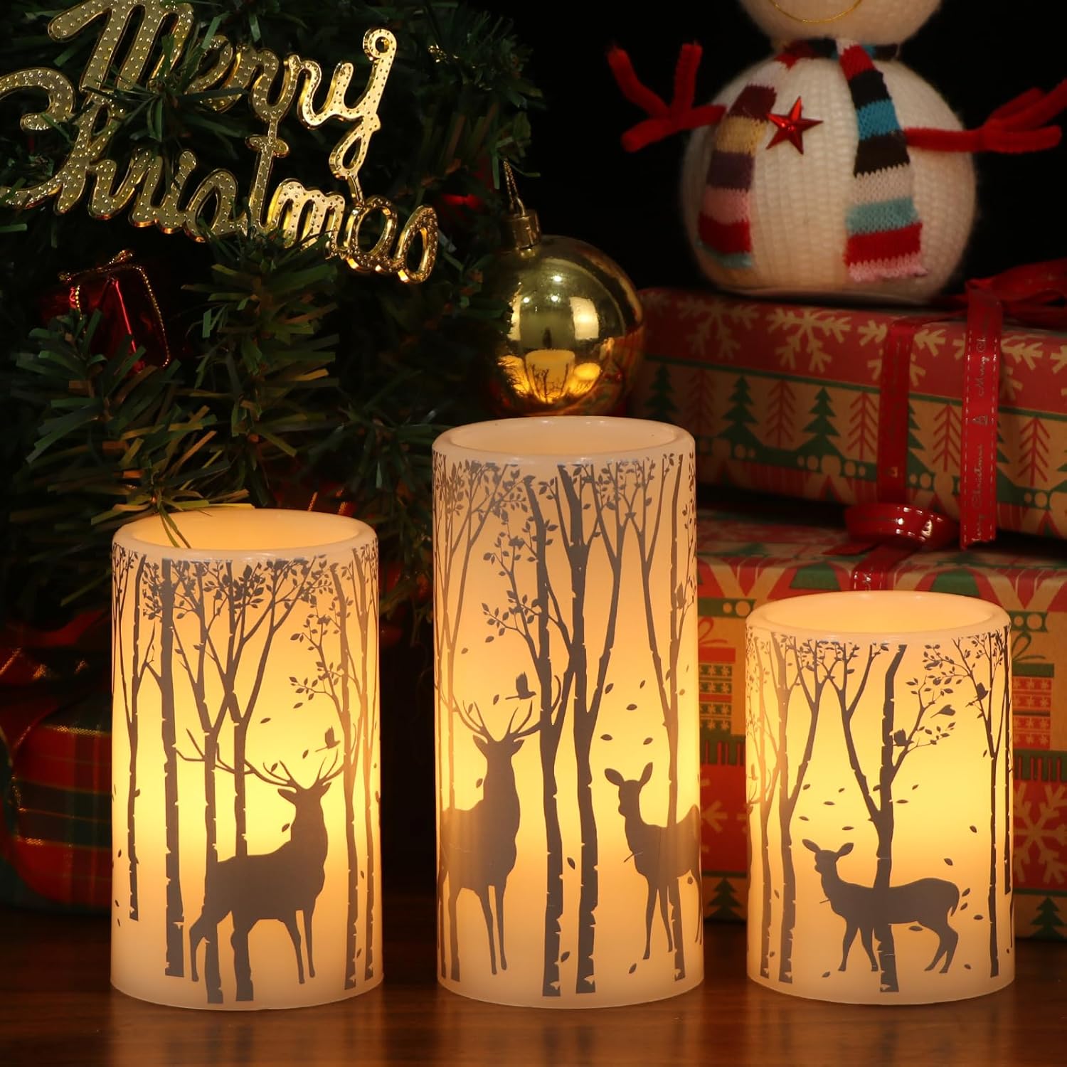 Birch Silver Reindeer Christmas Candles with 6H Timer, Real Wax LED Candle Flameless Flickering, Battery Operated Candles Pillar for Home Décor Christmas Decorations Gifts, 3x4/5/6 inches