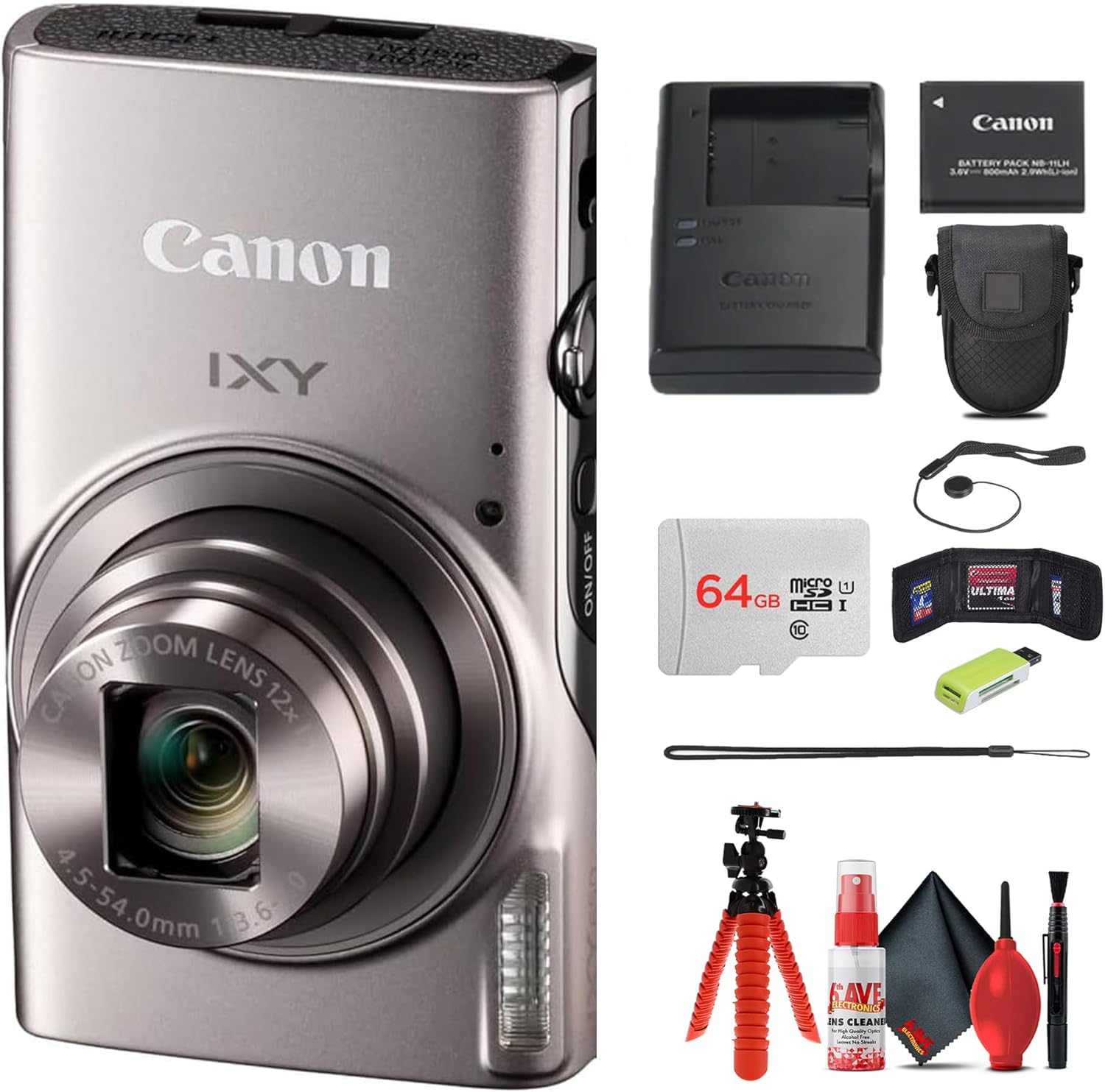 Canon IXY 650 HS M Compact Digital Camera Silver | 12x Optical Zoom Travel-Friendly Point & Shoot | Bundle with 64GB Card, Camera Bag, Tripod, Cleaning Kit + More