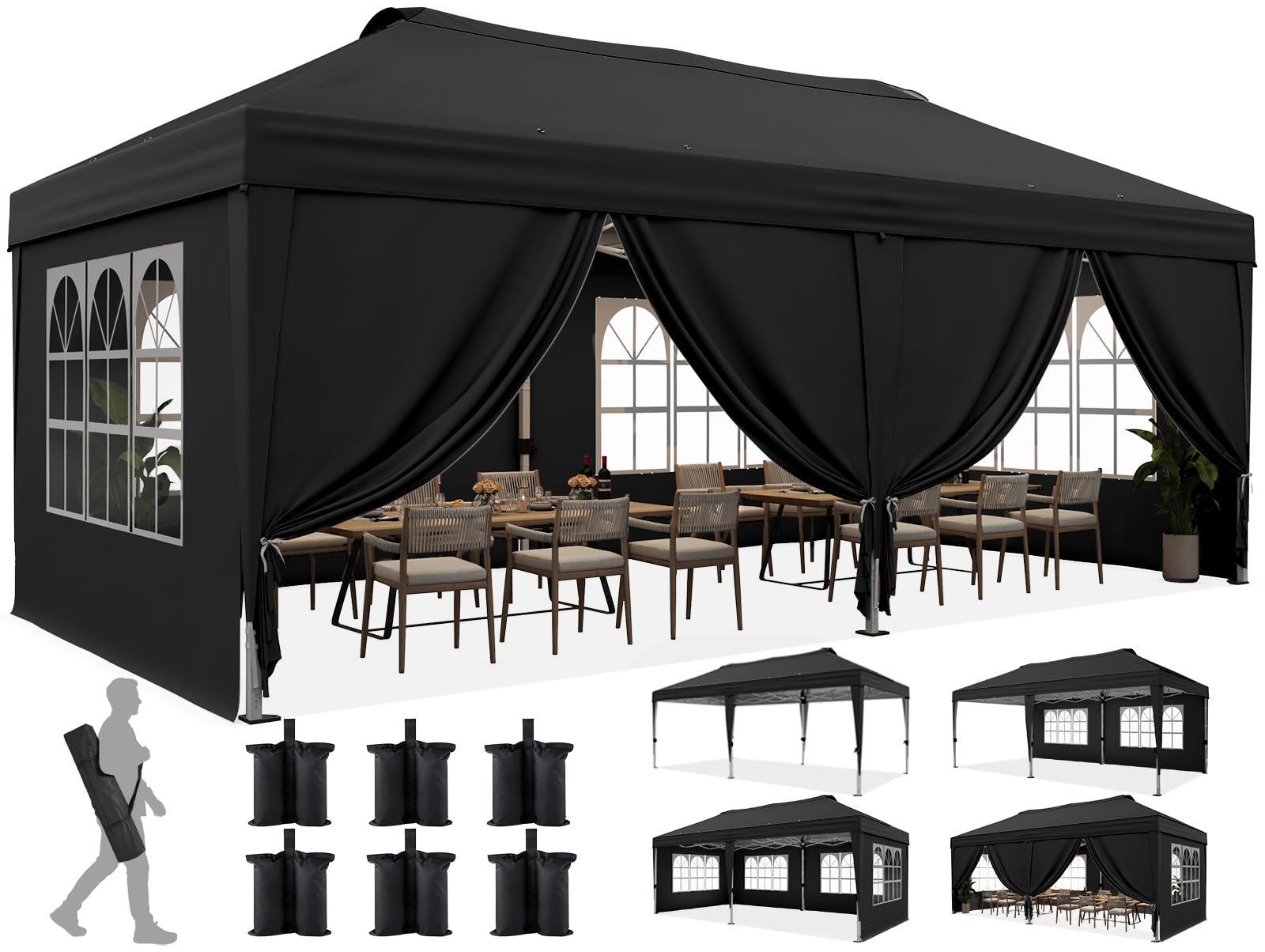 Quictent 3x6m Pop Up Gazebo with Central Lock, Heavy Duty Waterproof Canopy Tent with Church Window Sides, Portable Event Shelter for Backyard, Parties, Camping-Black
