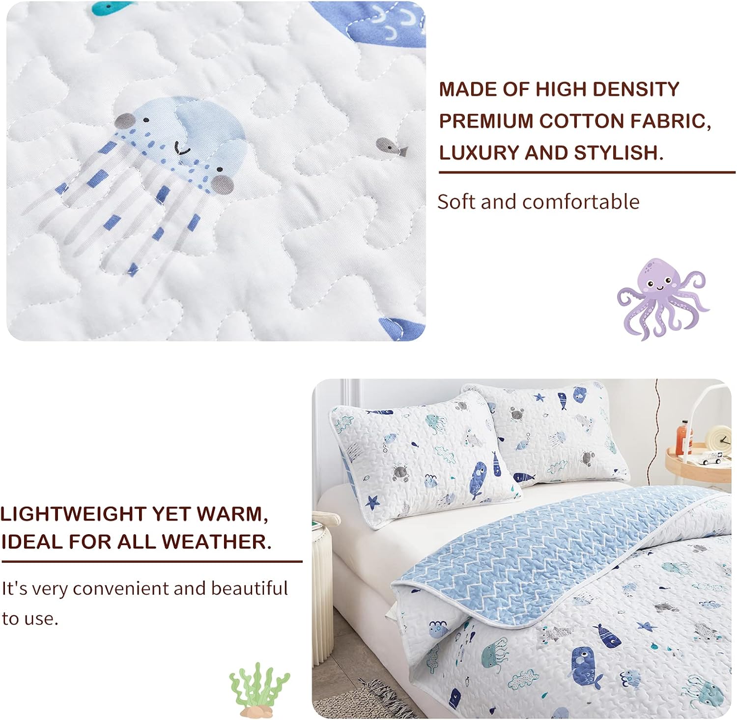 Joyreap 2-Piece Cotton Quilt Set Twin, Vibrant Ocean Theme Starfish Whale Crab Printed on White, Smooth Soft Quilt Bedspread Bed Cover for All Season, 1 Quilt and 1 Pillow Sham- 68x86 inches