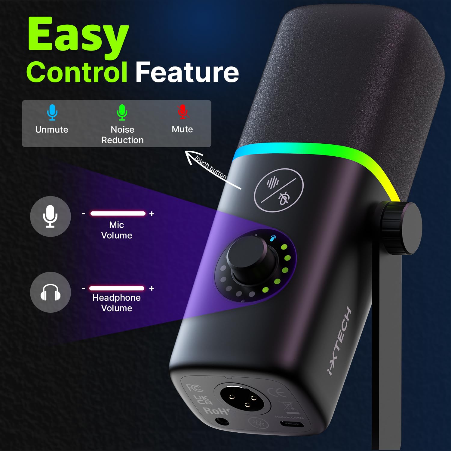 IXTECH Microfono USB da gioco per PC, con cancellazione del rumore, microfono a condensatore per podcast e streaming video, con supporto treppiede, filtro pop, supporto antiurto, controllo del