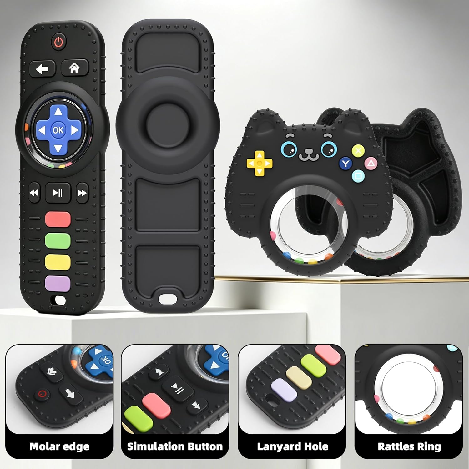 Chuya Baby Toys Baby Remote Control Teething Toys,2 Pack Silicone Teether Rattles for 0 6 12 24 Months Infants, Sensory Development Teething Relief,Black