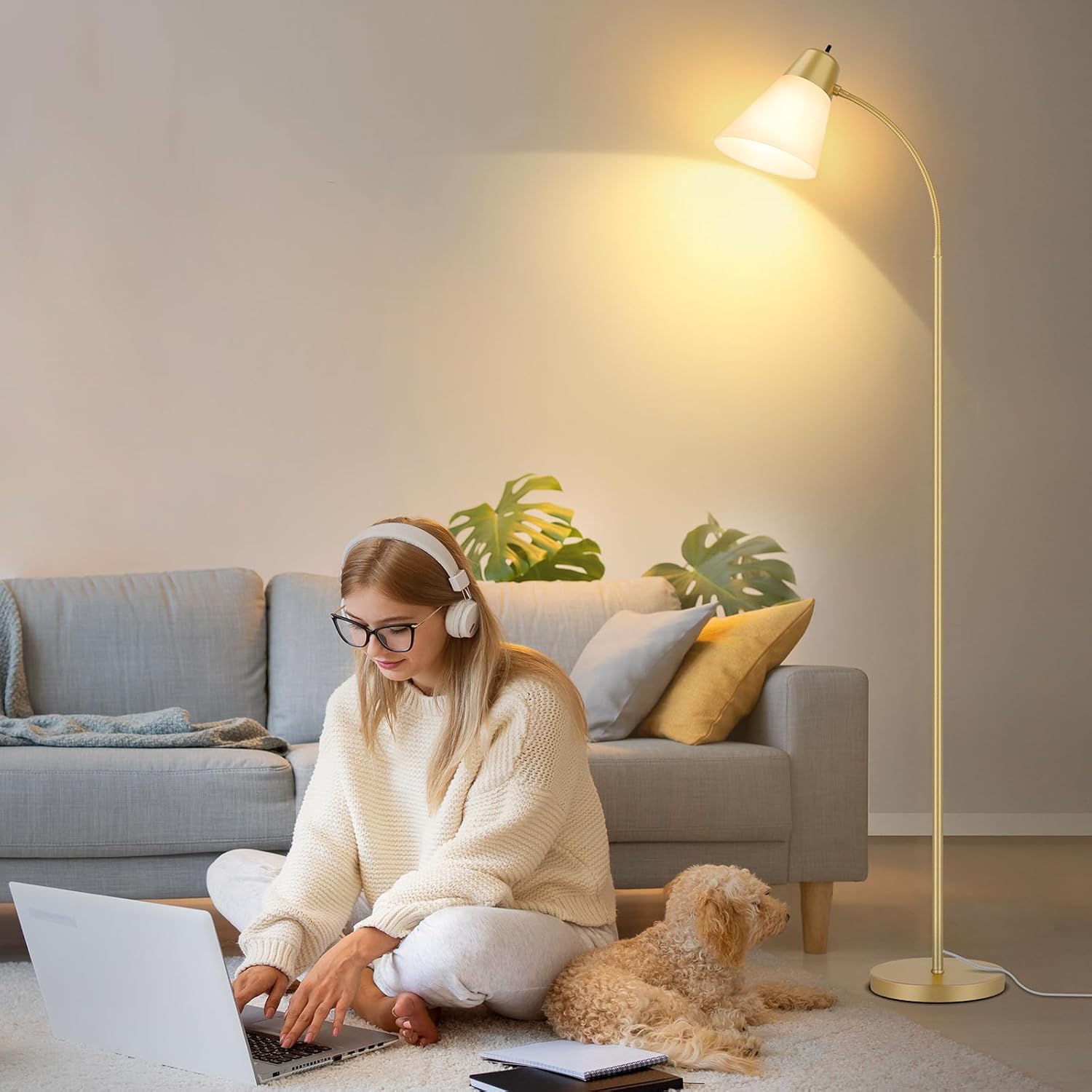 Floor Lamp for Living Room, Adjustable Standing Room Lamp with White Plastic Shade, Gold Reading Floor Lamps for Dorm, Bulb not Included