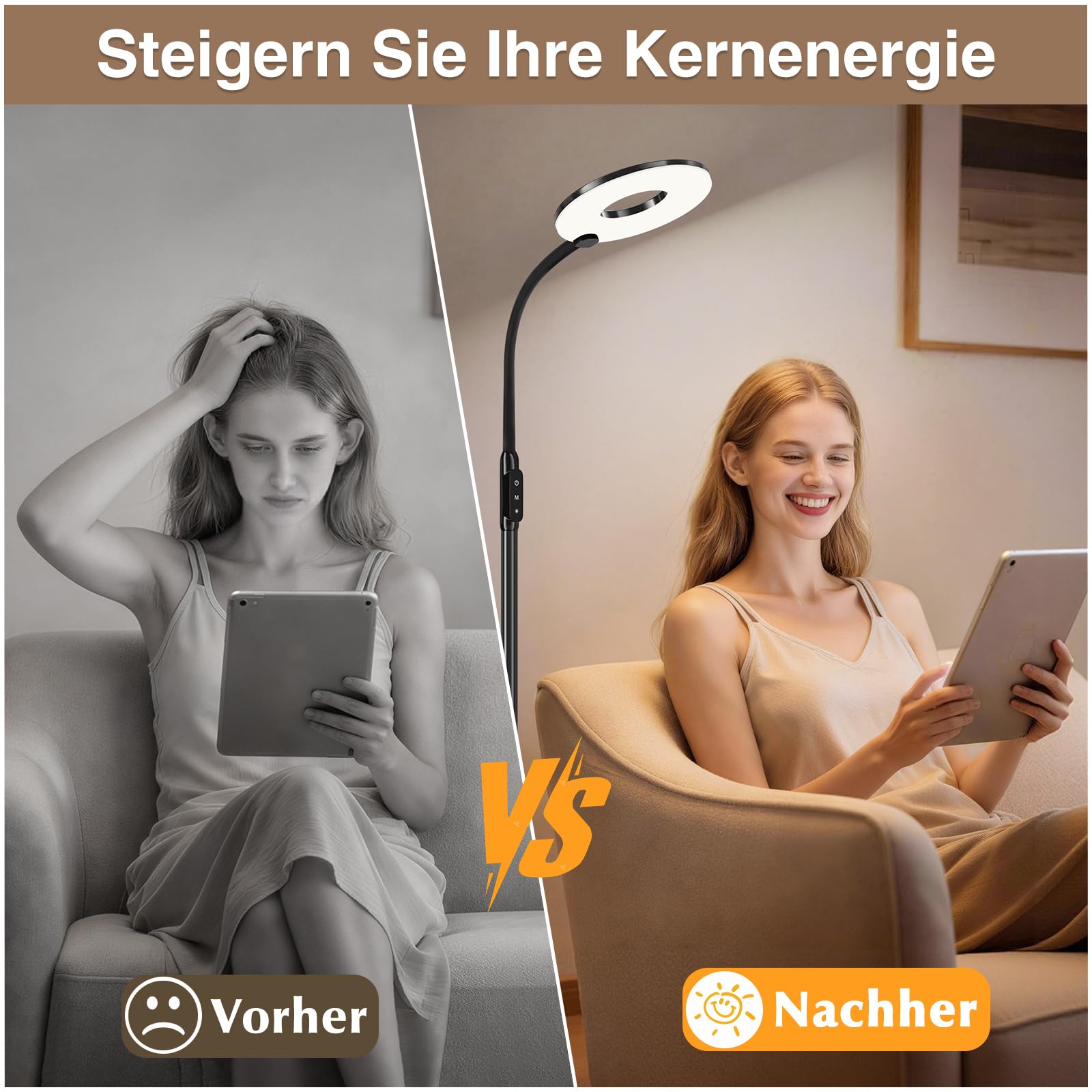 GyroVu Stehlampe Wohnzimmer Schwarz, 176cm Led Leselampe Stehlampe mit Touch-Steuerung, 3000K-5000K Dimmbar Stehleuchte mit Flexible Schwanenhals für Schlafzimmer Büro Wohnzimmer