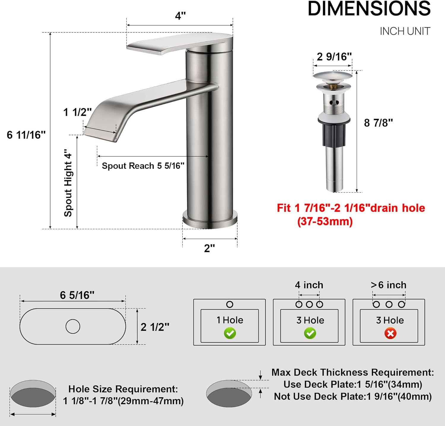 GAGALIFE Bathroom Faucet 1 Hole, Brushed Nickel Bathroom Sink Faucet with Metal Pop-up Drain Supply Lines and Deck, Modern Waterfall Bathroom Faucets Single Handle, JJL-MP-7001BN