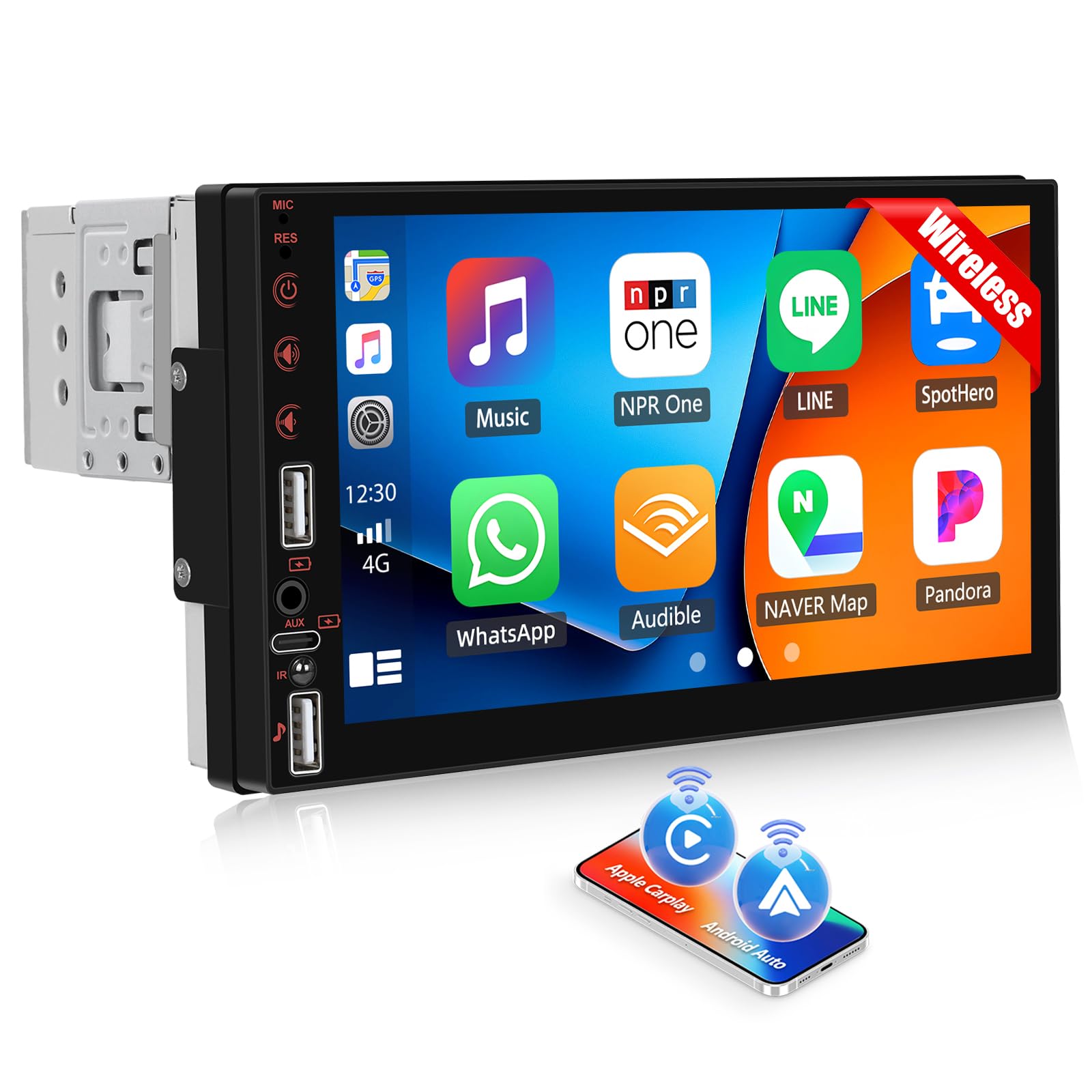 SIXTOP Autoradio 1 Din avec CarPlay sans Fil & Android Auto, 7 Pouces Écran pour Voiture, Autoradio Bluetooth avec MirrorLink, EQ, FM, USB/TF/AUX, Commande Au Volant