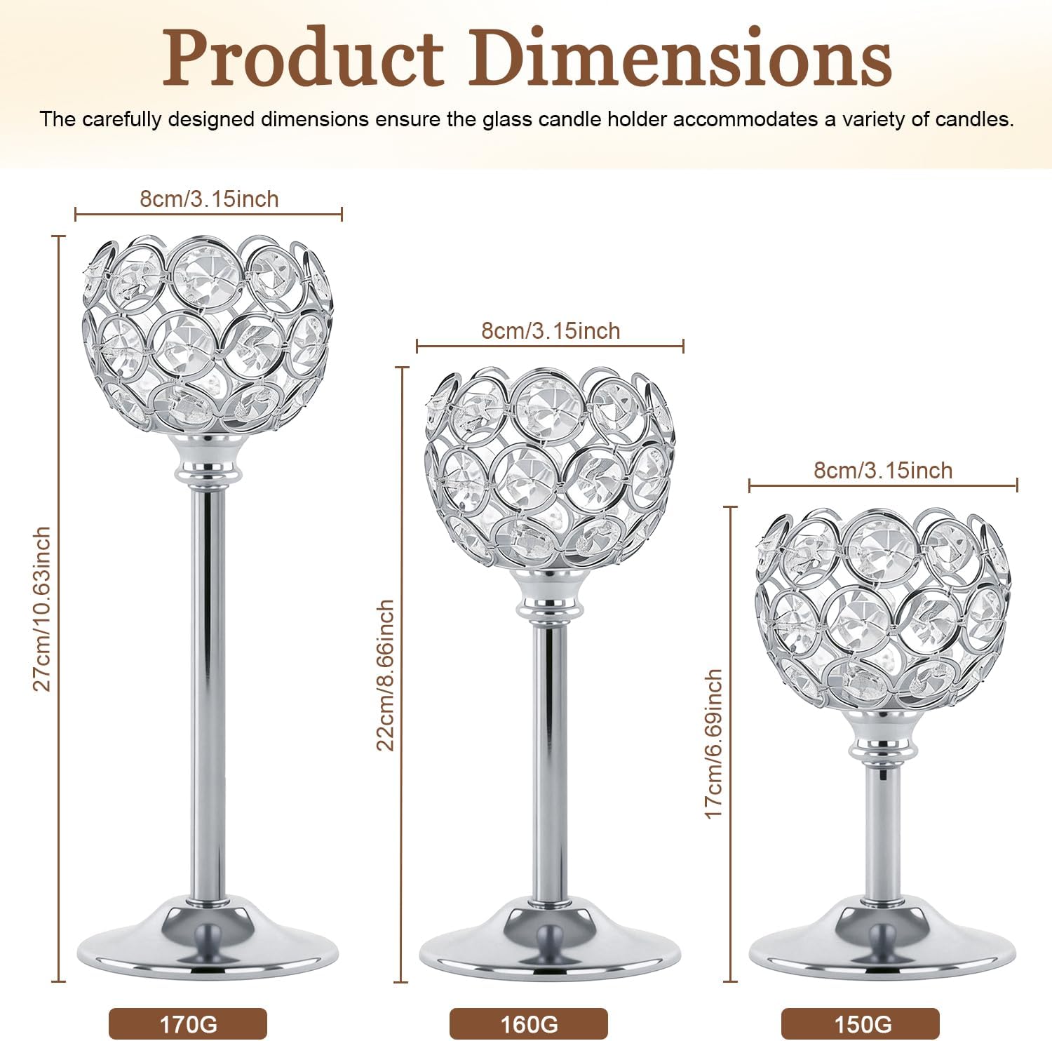 Crystal Candle Holders 4 Set of 12 - Sliver Vintage Hollow Ball Candle Stand for Table Centerpiece, Crystal Metal Tealight Candlestick for Wedding, Dining Room Decor