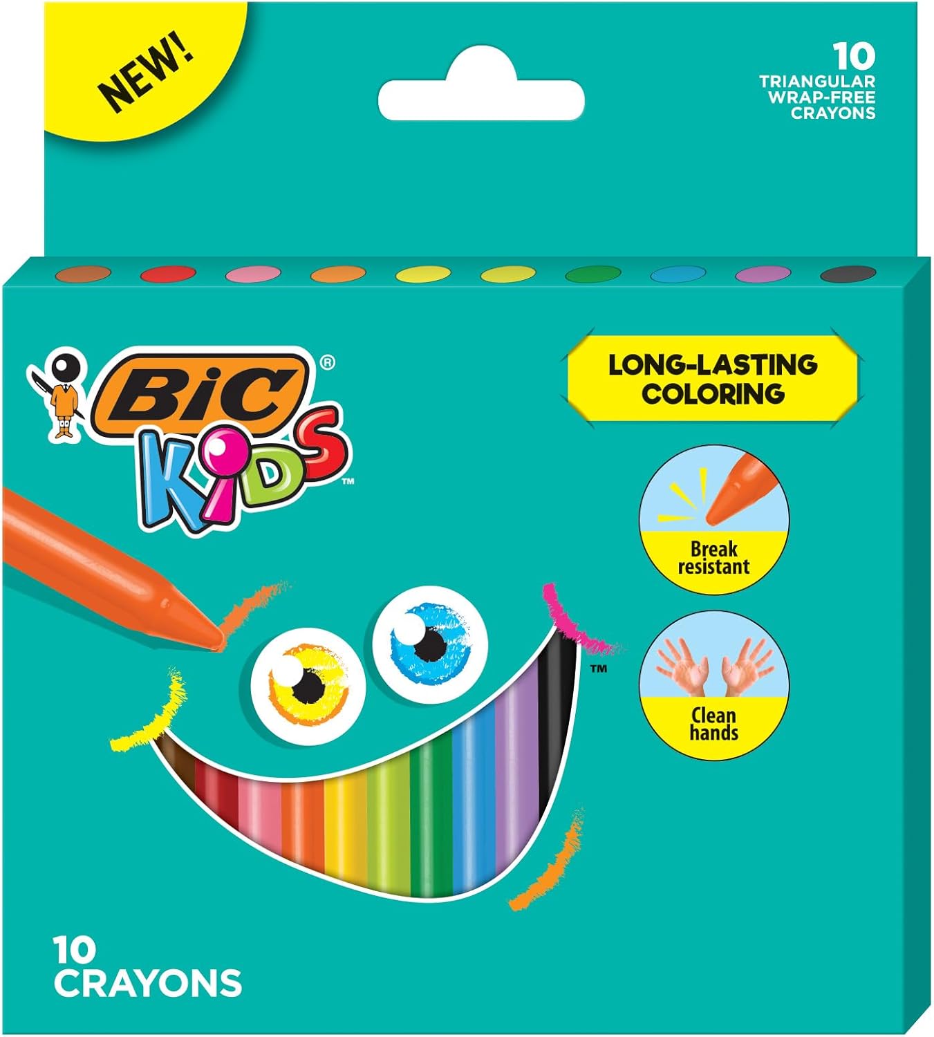 BIC® Kids Coloring Crayons, Triangle, Assorted Colors, Pack of 10 Crayons