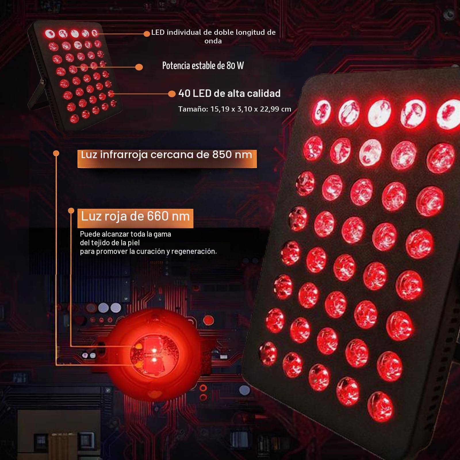 Lámpara de terapia de luz roja cercana al infrarrojo 80 W, 660 nm y 850 nm, longitudes de onda 40 LED con brillo y temporizador ajustables, panel de luz roja de cuerpo completo incluye gafas para
