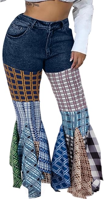 ThusFar Women High Waist Checkered Patchwork Flare Jeans Plaid Bell Bottom Ruffle Stretch Denim Long Pants Casual Trousers