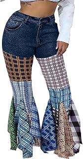 Women High Waist Patchwork Flare Jeans Plaid Bell Bottom Ruffle Hem Denim Long Pants Trousers - Buy now