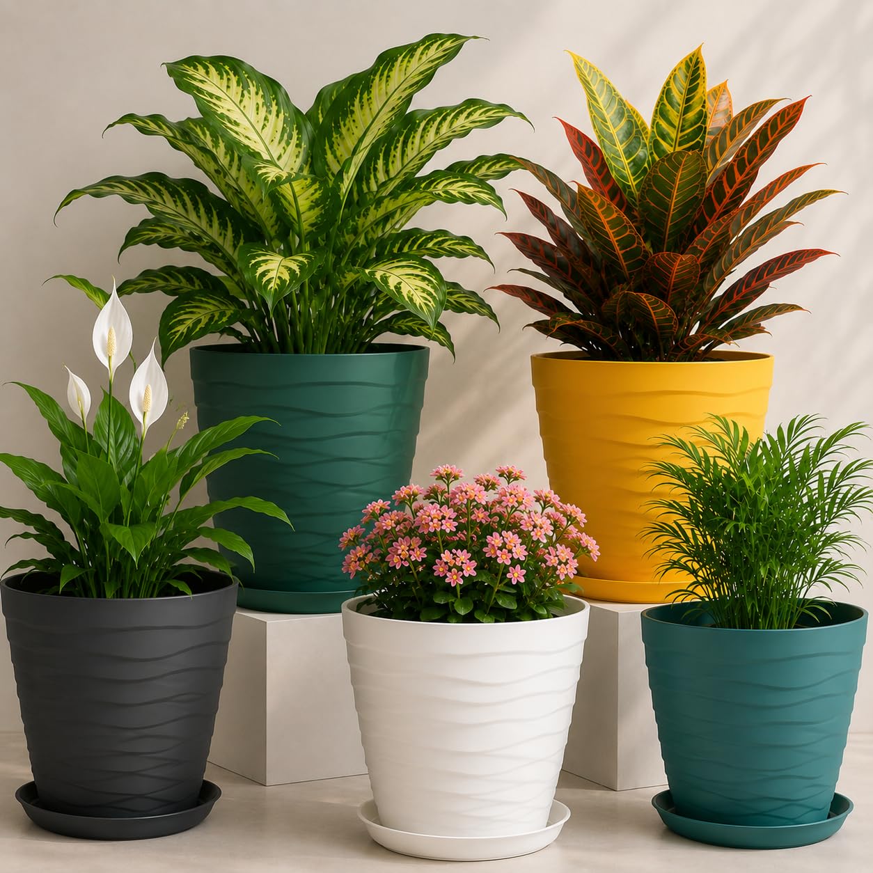 Plastic 9 inch Plant Pots with Drainage Holes and Tray Saucers | Flower Pots for Home Balcony and Garden | Planters with Bottom Trays | Ideal for Indoor and Outdoor Use, Pack of 5 (Multi)-image-34