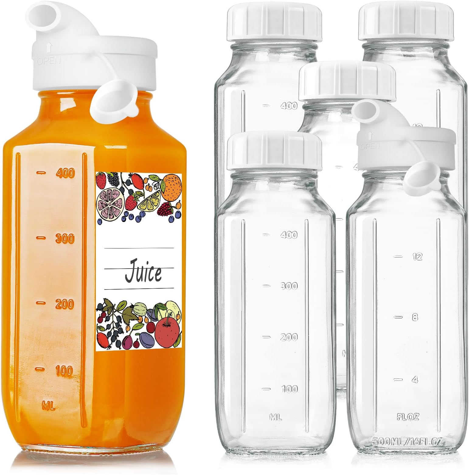 6 Pack 16 Oz Glass Juice Bottles with 2 Pour Spouts, 100% Airtight Heavy Duty SCREW Lid- Reusable Glass Milk Bottles w Scale Mark, Square Drinking Jar Juice Container Breast Milk Pitcher(Extra 2 Lid)