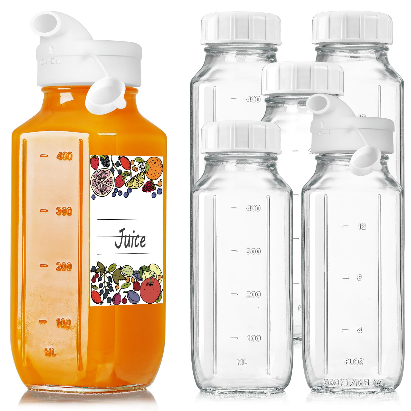6 Pack 16 Oz Glass Juice Bottles with 2 Pour Spouts, 100% Airtight Heavy Duty SCREW Lid- Reusable Glass Milk Bottles w Scale Mark, Square Drinking Jar Juice Container Breast Milk Pitcher(Extra 2 Lid)