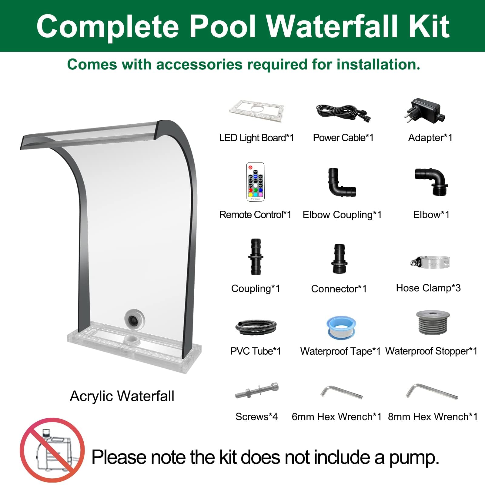 Longrun Teich Wasserfall-Brunnen, Acryl-Teich-Wasserfall-Klinge mit 7 Farben Bluetooth LED, komplettes Poolbrunnen-Wassersprüh-Set für oberirdische Schwimmbad, Teich, Garten, 30 x 51 x 33 cm