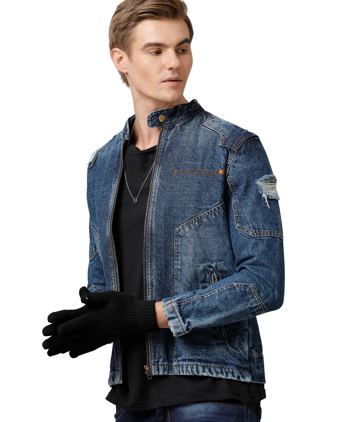 Slim Fit Men's Denim Biker Jacket-image-11