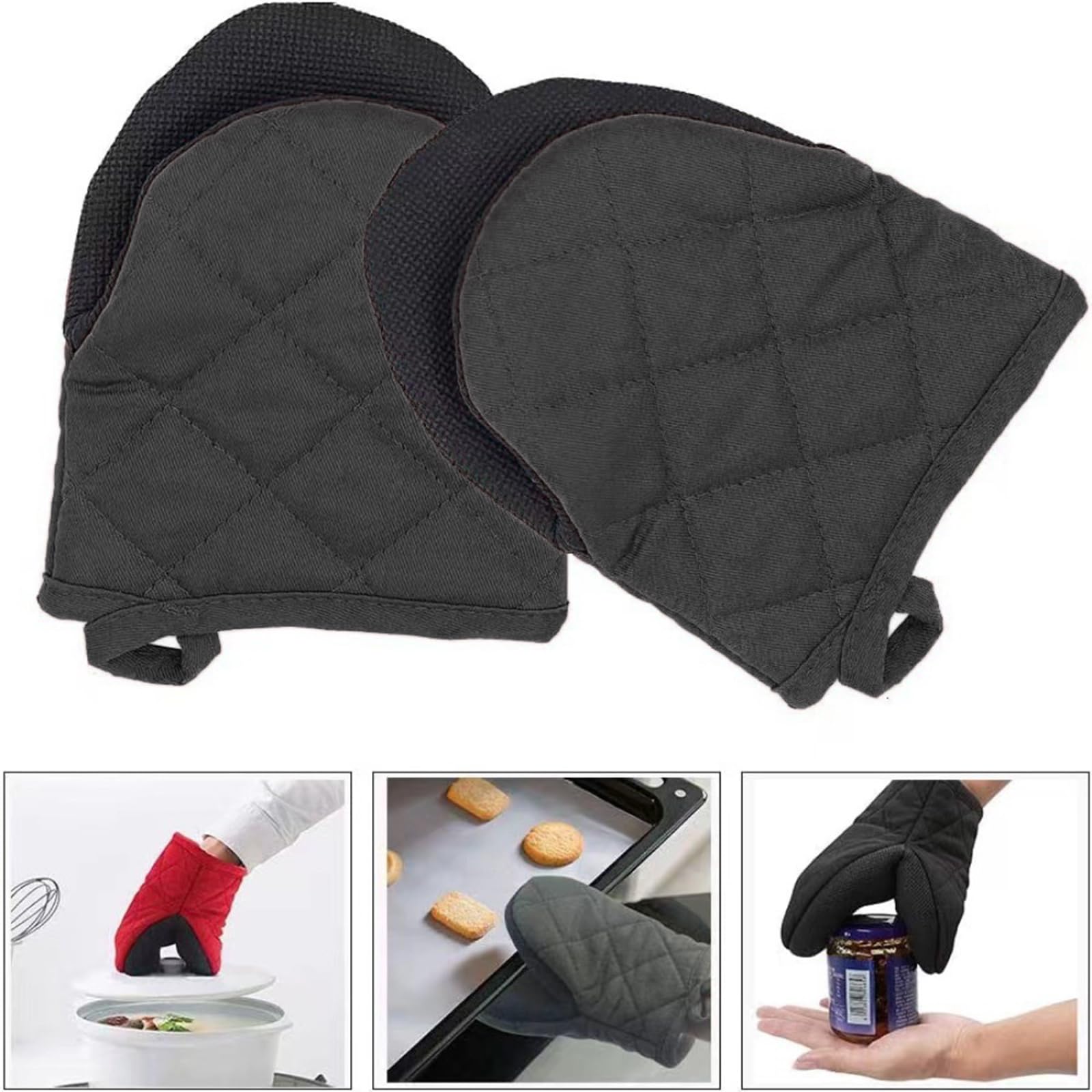 1 par de guantes cortos para horno con lazo para colgar, fáciles de almacenar, guantes de horno de silicona con superficie antideslizante, mini guantes multiusos para hornear barbacoa (negro) 2