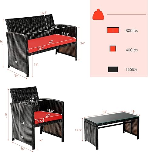 Miniatura 4 de Tangkula Juego de muebles de ratán de 4 piezas, juego de conversación al aire libre con silla y sofá y mesa de centro de cristal templado, apto para