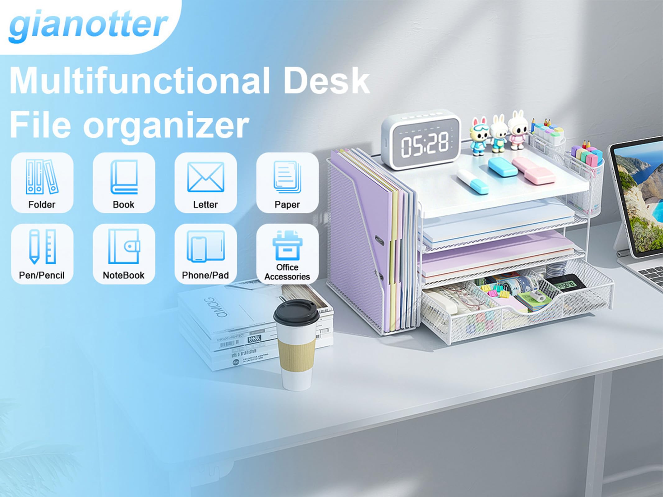 gianotter Wood Desk Organizers and Accessories with File Holder, 4-Tier Desk Accessories & Workspace Organizers with Drawer and 2 Pen Holder, Desk Reference Organizer (White, 4T with Metal Drawer) view 3