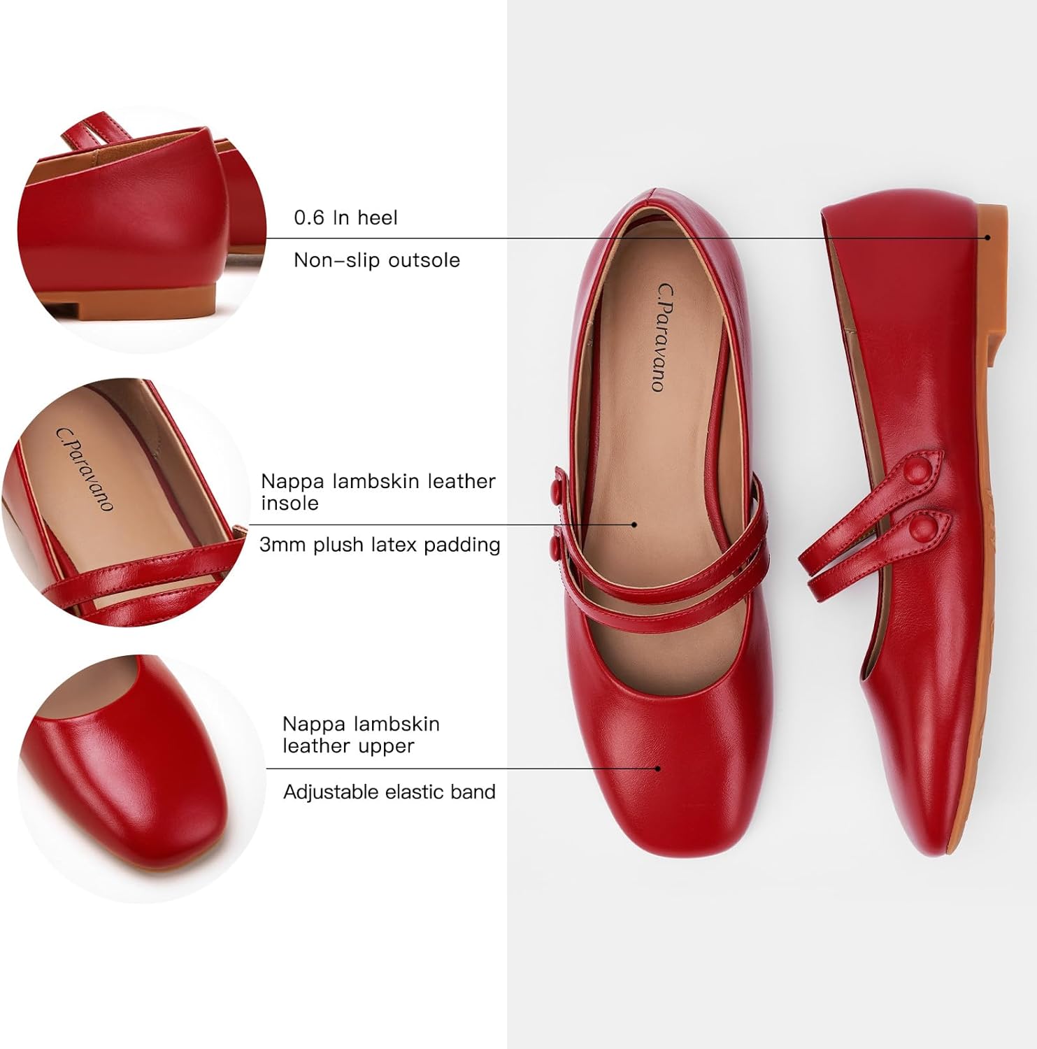 C.Paravano Genuine Leather Women's Flats | Mary Jane Flats | Square Toe Shoes | Dress Shoes with Straps - Image 6