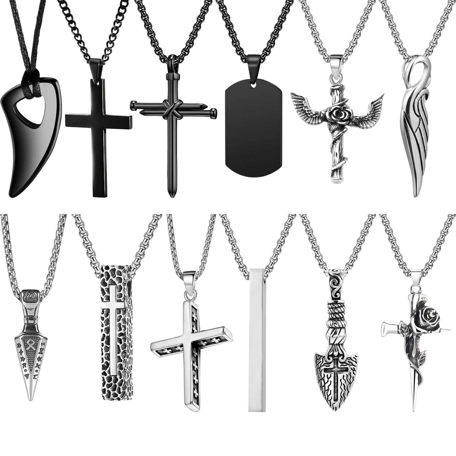 NEWITIN 12 Pieces Stainless Steel Necklaces for Men Hypoallergenic Necklace Unisex Punk Necklace Amulet Pendant Nail Cross Viking Necklaces for Men Women