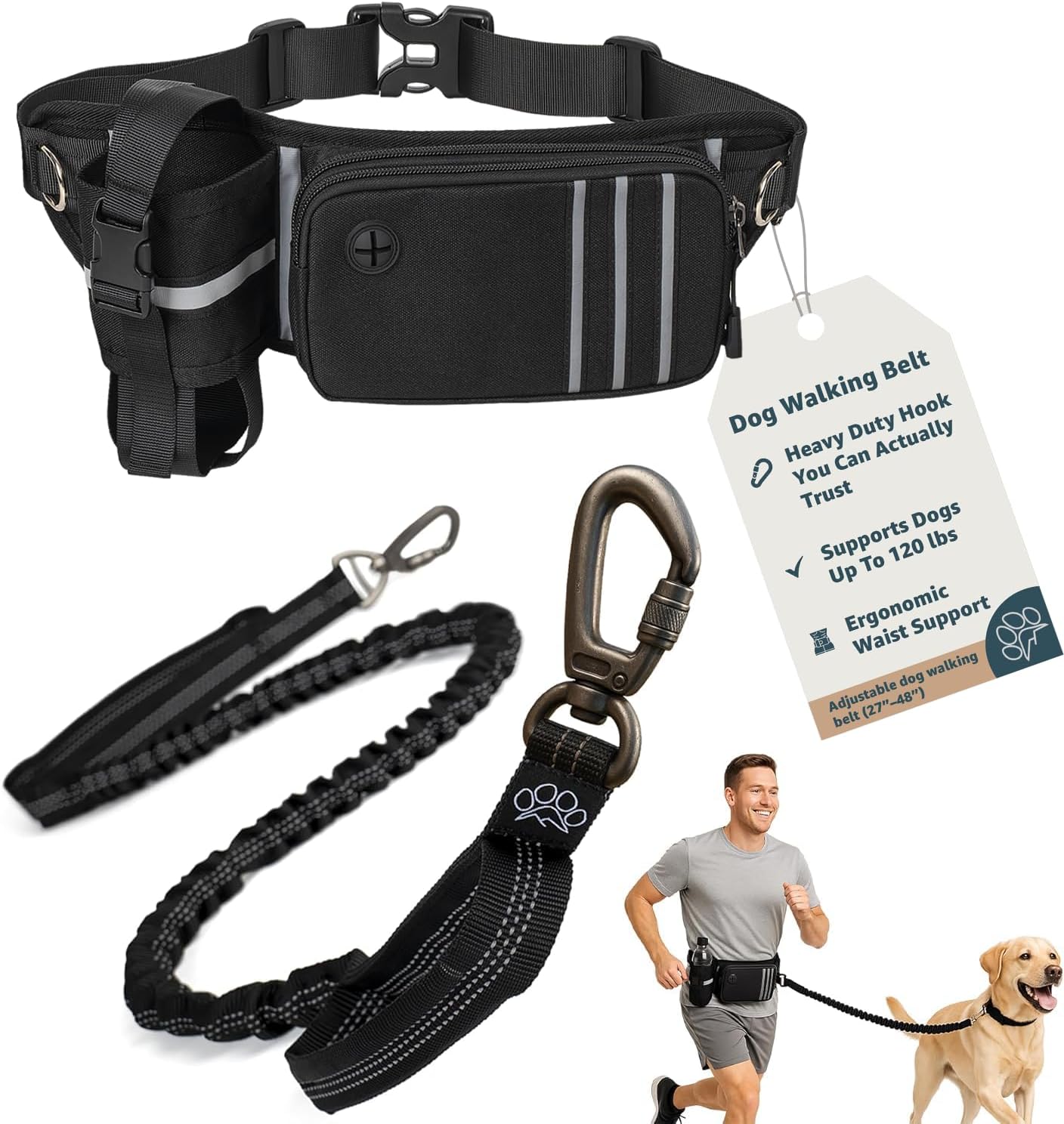 Semilar Ultimate Safety Hands-Free Dog Leash – Heavy Duty Secure Hook, Shock-Absorbing Bungee, Waist Belt & Pouch, Dual Handles – Fits All Dog Sizes