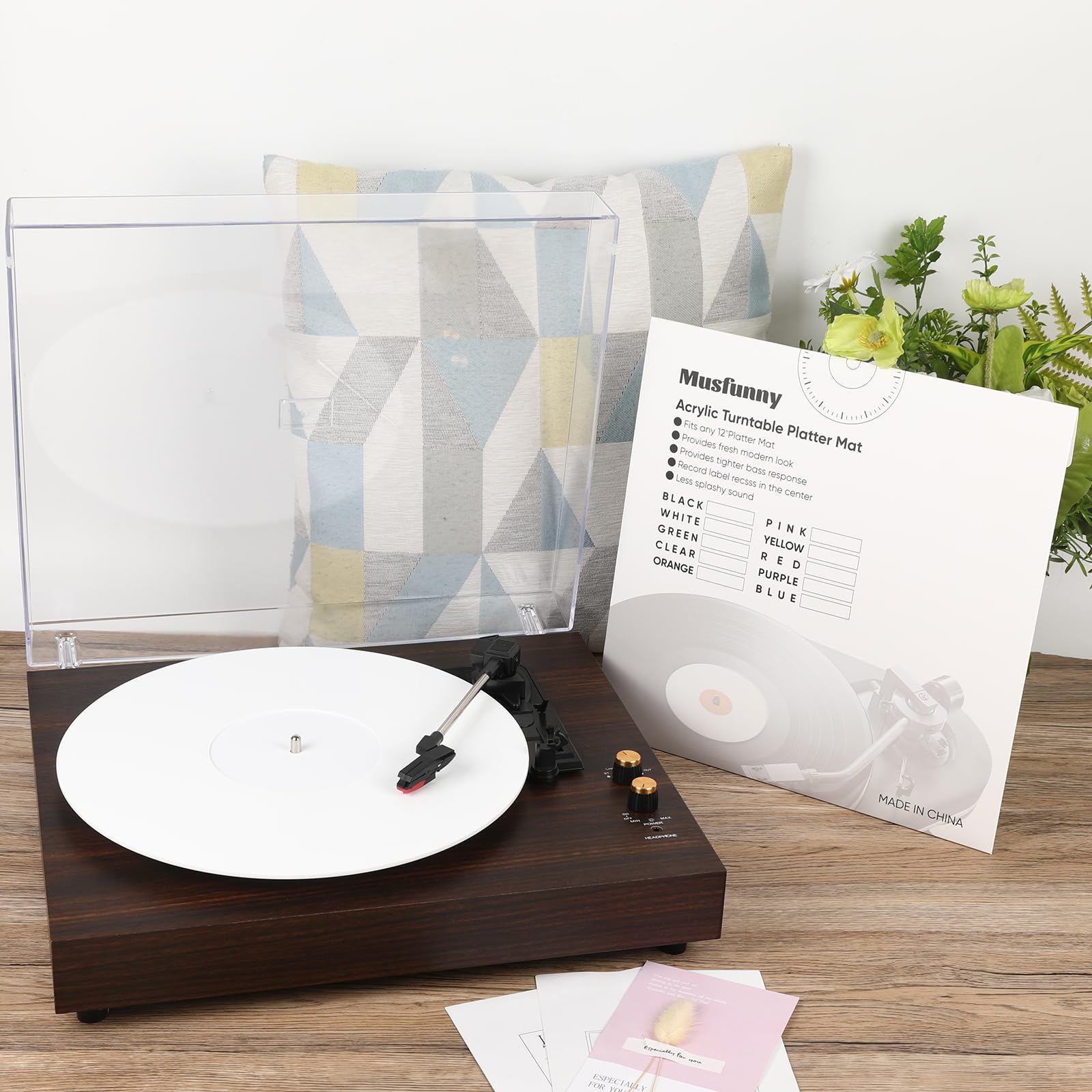 Tapis de feutrine en acrylique pour tourne-disque : 30,5 cm, accessoires pour tourne-disque antistatique, amélioration de la qualité du son, réduction du bruit (blanc)