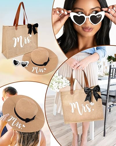 Miniatura 6 de Percozzi Wifey Bride Tote Bag Sun Hat Glasses Set Bride-To-Be Shower Gift Honeymoon Jute Bag Kit