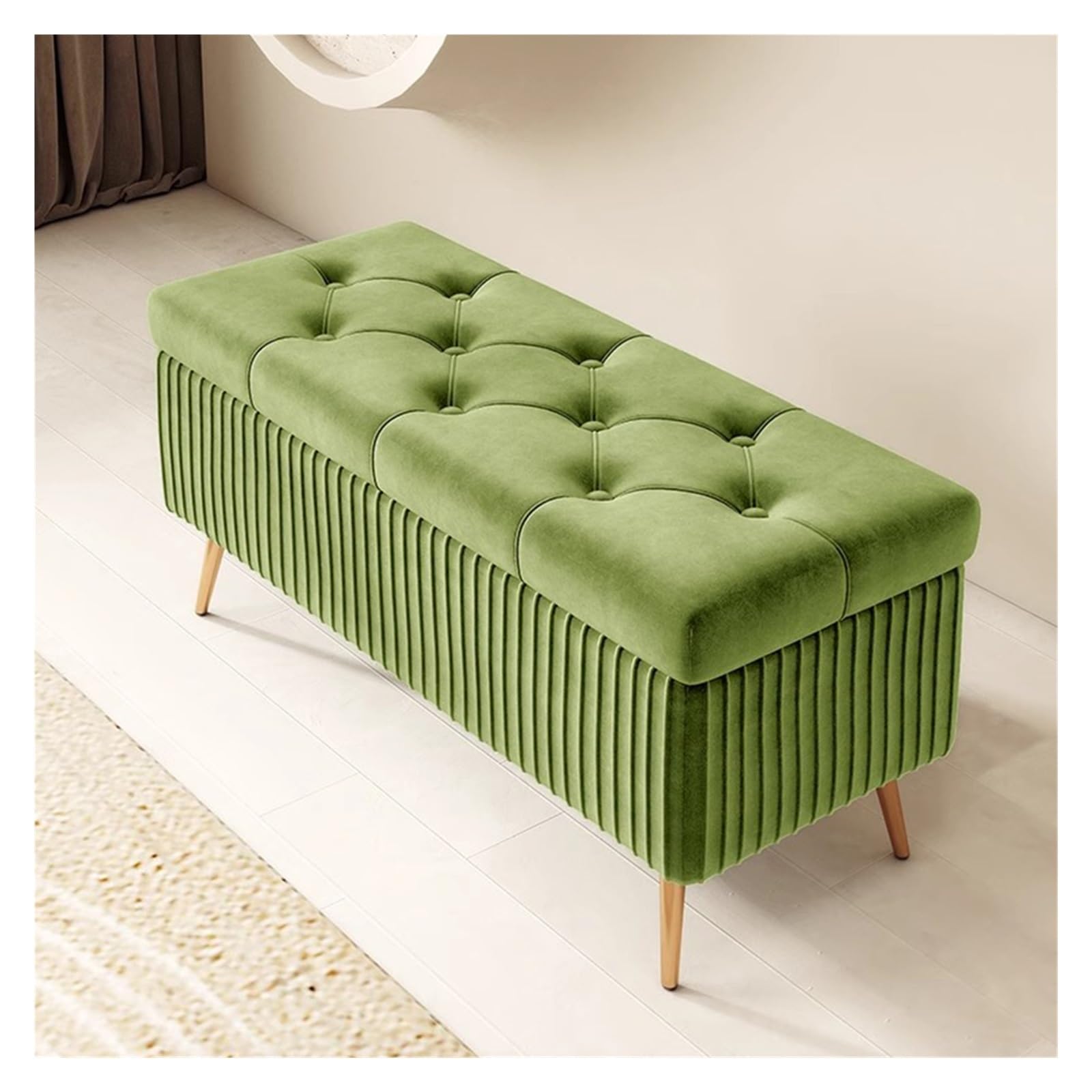 WDSOPK Velvet Storage Bench Foot Stool for Living Room,Upholstered Storage Ottoman with Golden Legs,Rectangular Storage Chest Velvet Footstool for Entryway（Green-1-80CM）