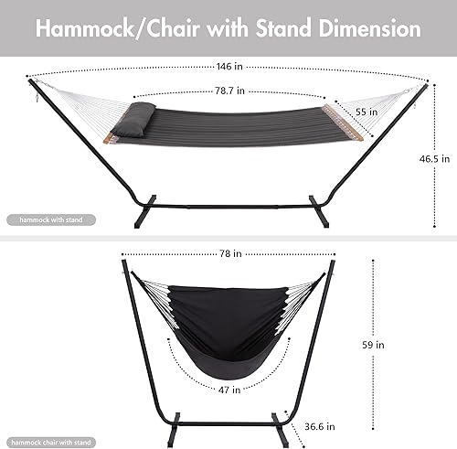 Miniatura 6 de Hamaca portátil con soporte de 12 pies, hamaca para exteriores con soporte incluido, soporte de acero multifuncional 2 en 1, capacidad de peso de