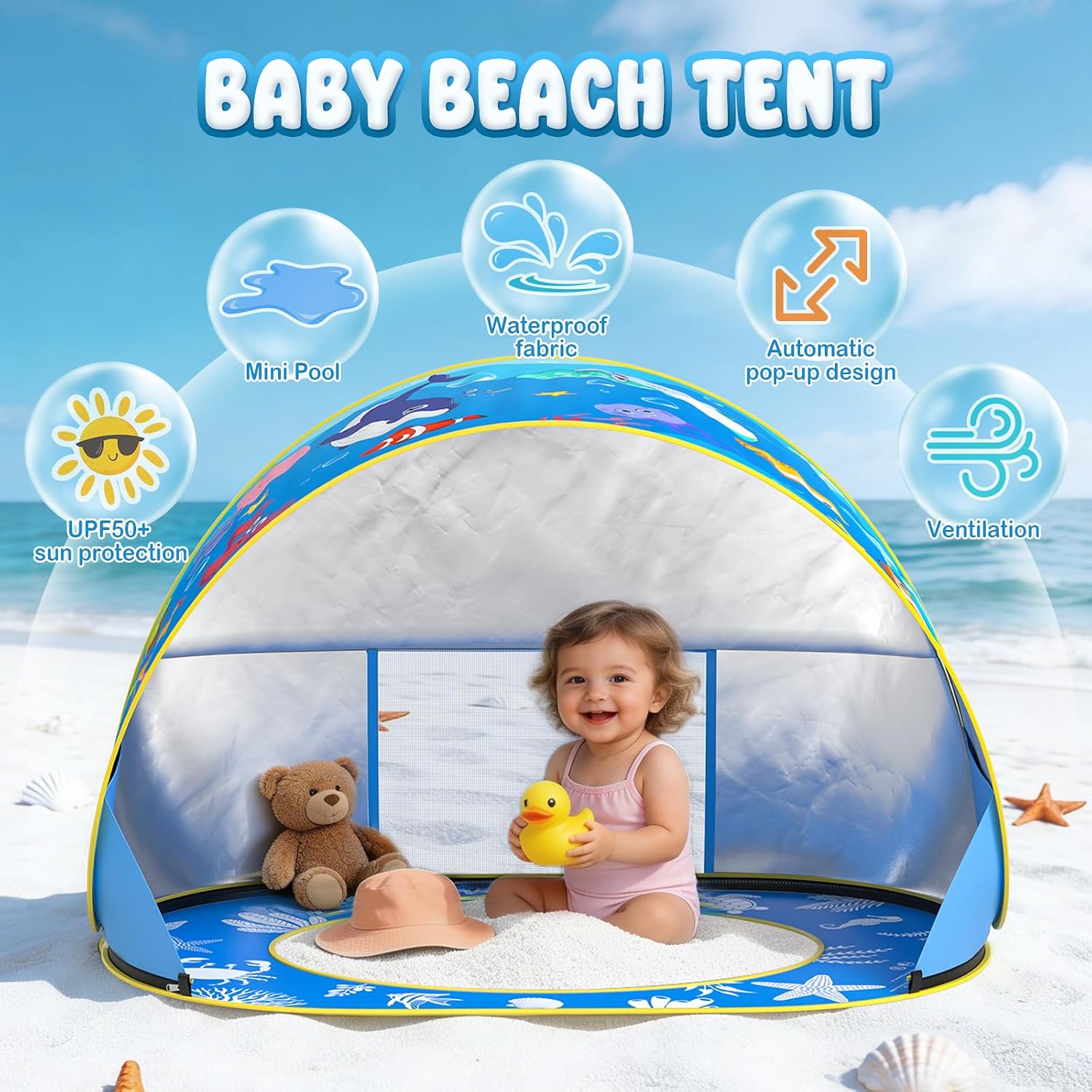 Baby Beach Tent with Pool, Pop Up Beach Tent UV Protection Sun Shelter for Infant Toddlers, Portable Shade Pool Tents Baby Beaches Essentials with Carry Bag for Outdoor, Travel, Camping