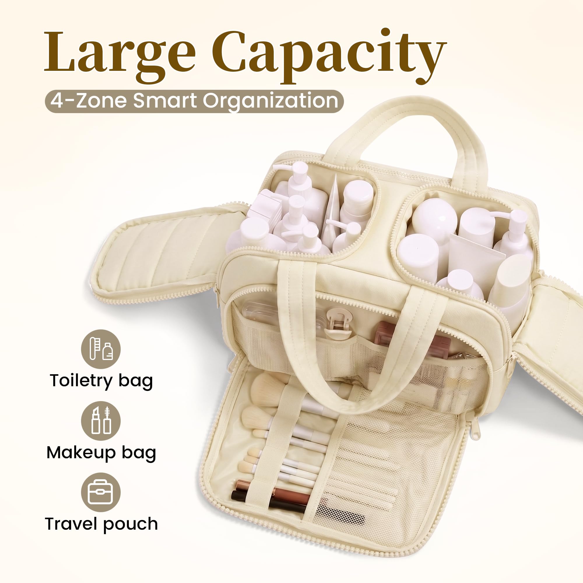 Beauty case da viaggio: grande capacità, 4 scomparti, separazione bagnato/secco, tessuto leggero ultra morbido e design anti-fuoriuscite, per viaggi, palestra, regalo (30 cm di lunghezza