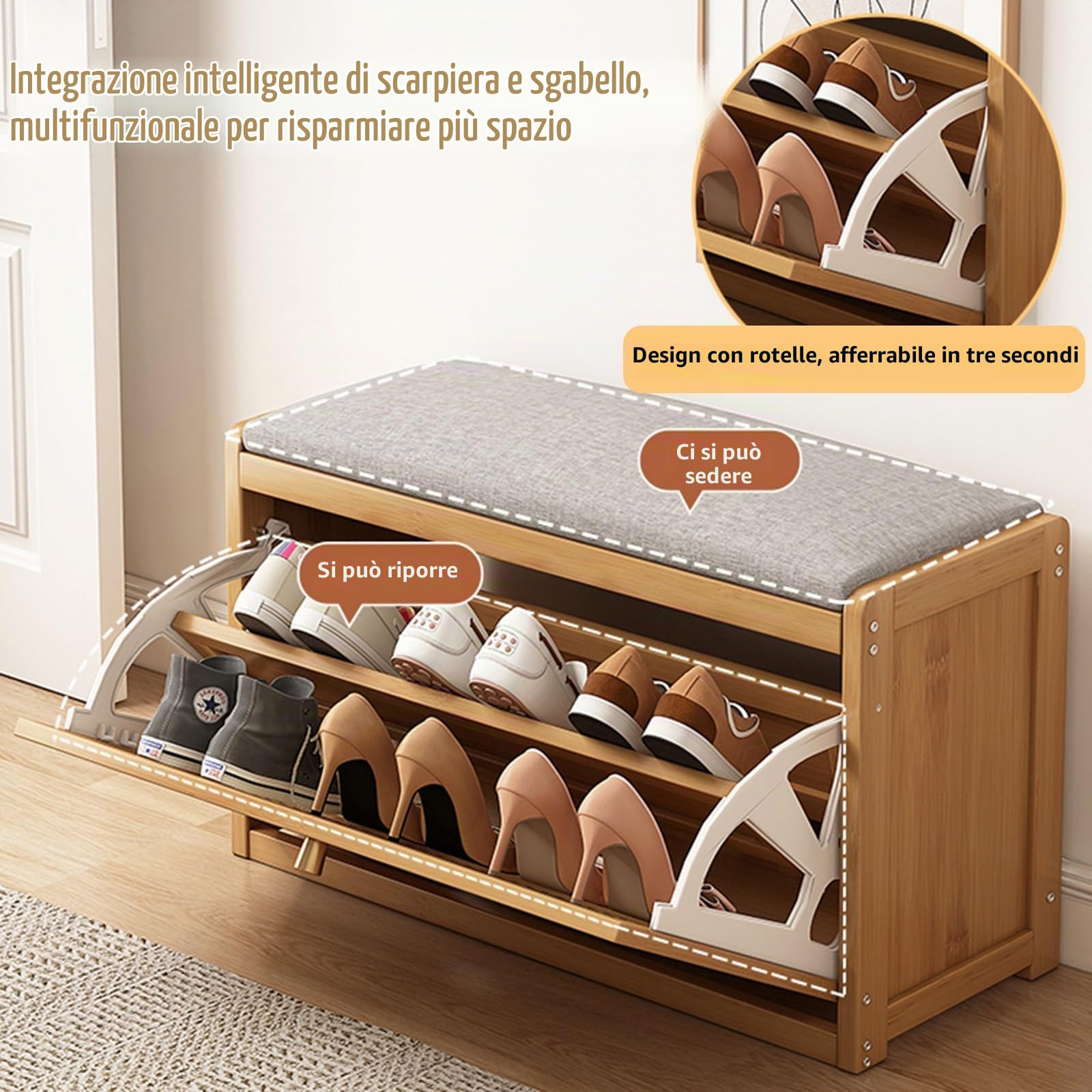 Elegante scarpiera in legno con portaoggetti in rattan, scarpiera e seduta versatile per corridoio e camera da letto, scarpiera marrone (50 x 24 x 44 cm)