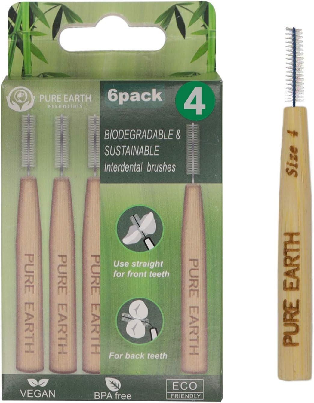 Bamboo Interdental Brushes - Biodegradable Interdental Brush - Organic Handle with Soft Bristles for Deep Clean Between Teeth and Gums (6 Pieces, Size 4, 1.0mm, Blue)