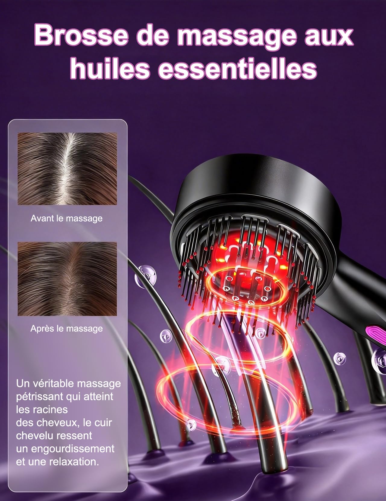 EMS Comb Brosse de massage électrique 2 en 1 pour cuir chevelu | 66 dents de massage, 8 dents de conduction d'huile, 1400 mAh, Portable, 3 niveaux de massage