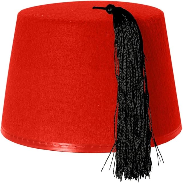 FEZ HAT RED FANCY DRESS ACCESSORY CAP RED WITH BLACK TASSEL UNISEX FELT HAT MENS & WOMENS