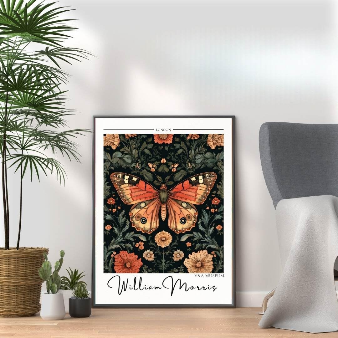 William Morris Butterfly Print, Botanical print, Dark Cottagecore decor, Mid century poster, Flower Market print, nature, illustration, Art Nouveau home deco (A4 Print only)