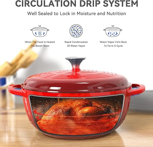 Miniatura 3 de Olla de horno holandés con tapa, horno holandés de hierro fundido esmaltado, 6 cuartos de galón, olla de hierro fundido para cocinar, color rojo