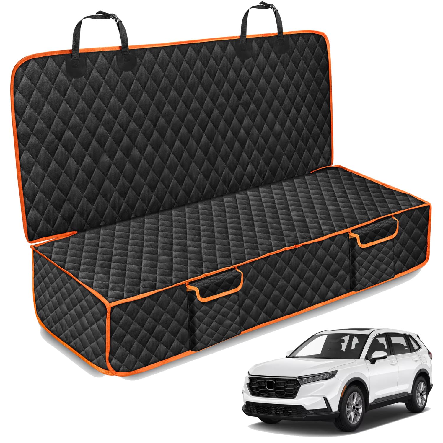 XHRING Dog Car Seat Cover for Honda CRV HRV 2000-2025 Back Seat Accessories, Scratchproof Pet Bench Backseat Covers with Two Big Pockets - Black Orange