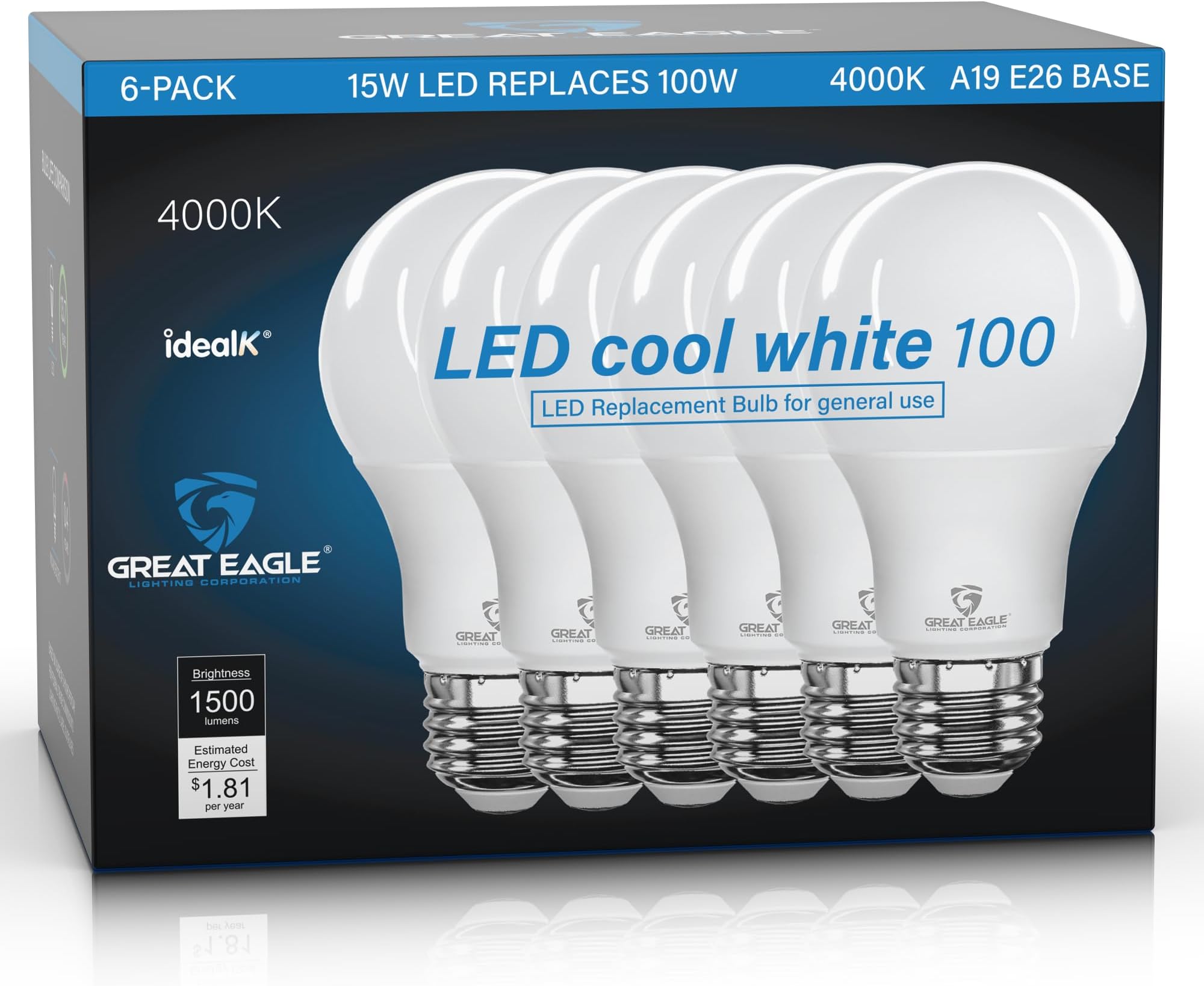 Great Eagle A19 LED Light Bulbs 100 Watt Equivalent - Cool White 4000K Light Bulbs, 15W Non-Dimmable, 1500 Lumens (6 Pack)