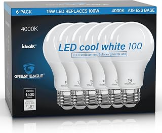 Great Eagle Lighting LED Light Bulbs 100 Watt Equivalent, Cool White 4000K, A19 E26 Bulb 1500 Lumens Non-Dimmable for Bathroom Kitchen Office Garage Porch Indoor Outdoor, Energy Saving, 6 Pack