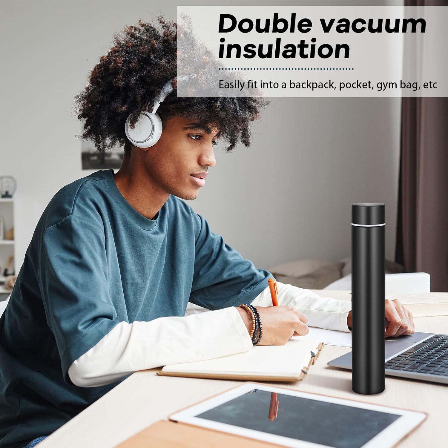 Dandat 3 Pieces Slim Insulated Water Bottle Skinny Water Bottles for Backpacks Small Mini Stainless Steel Tumbler Cup for Coffee Travel, Leakproof, 8 Oz, Black - Image 6