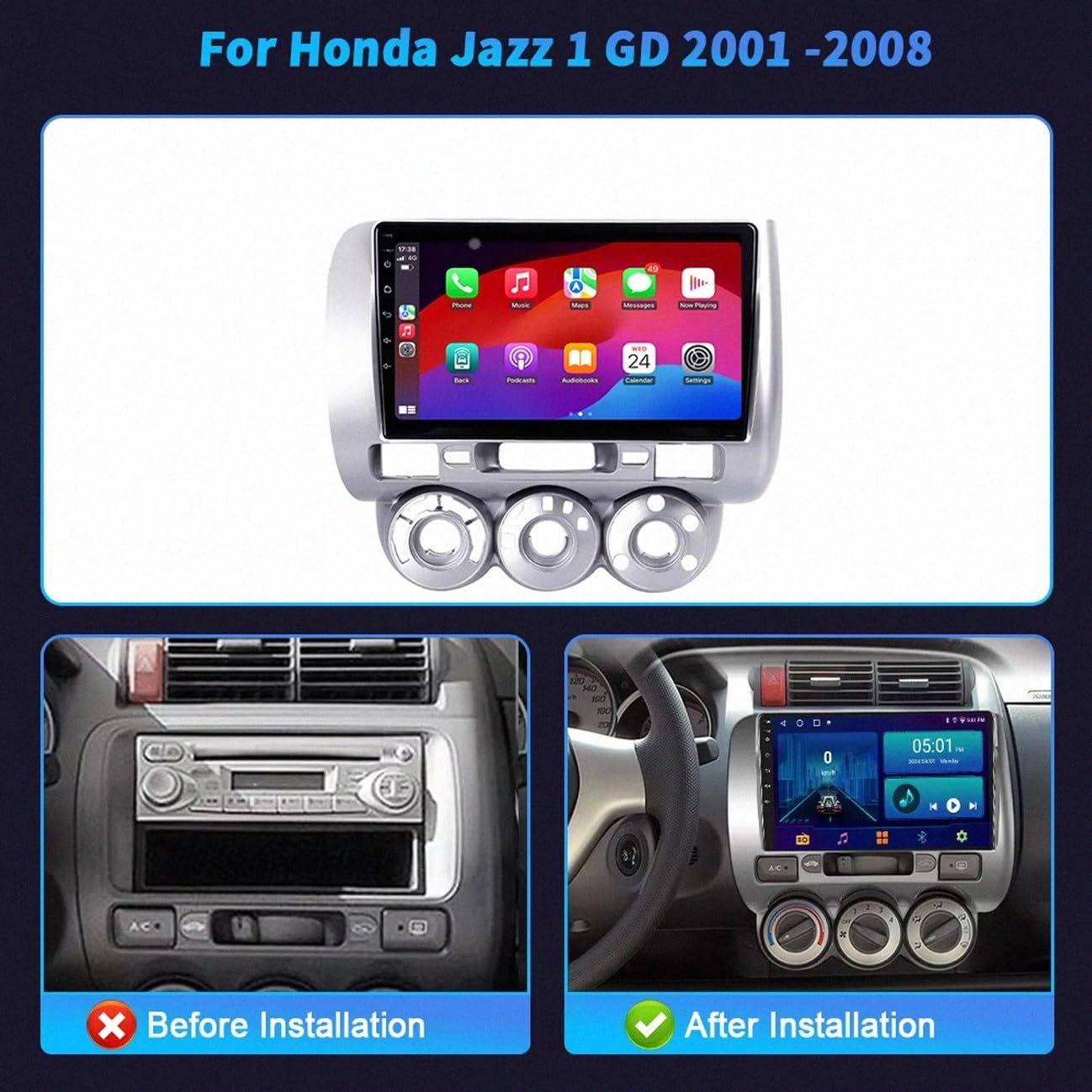 Radio Samochodowe Z Ekranem Dotykowym dla Honda Jazz 1 GD 2001-2008 Android 15 9 Inches Wyświetlacz Samochodowy Steering Wheel Controls Do, 8 Core 2G+64G