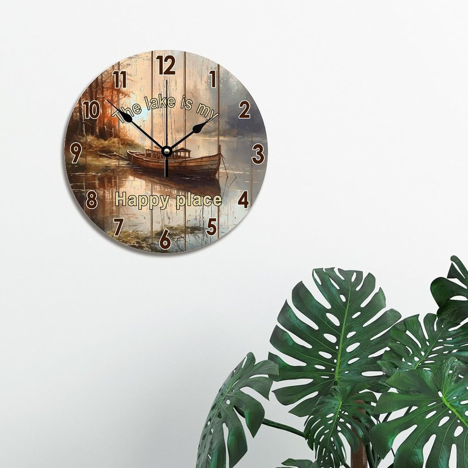 The Lake is Happy Place Large Wall Clocks Battery Operated 12 Inch Non-Ticking Lake House Time Clock Vintage Wall Decor Farmhouse Home Decor for Kitchen Bedroom Living Room Office