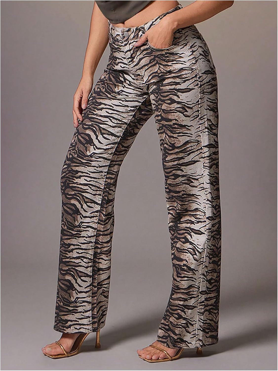WDIRARA Women's Zebra Print Jeans Low Rise Straight Leg Hip Hop Y2k Denim Pants - Image 3