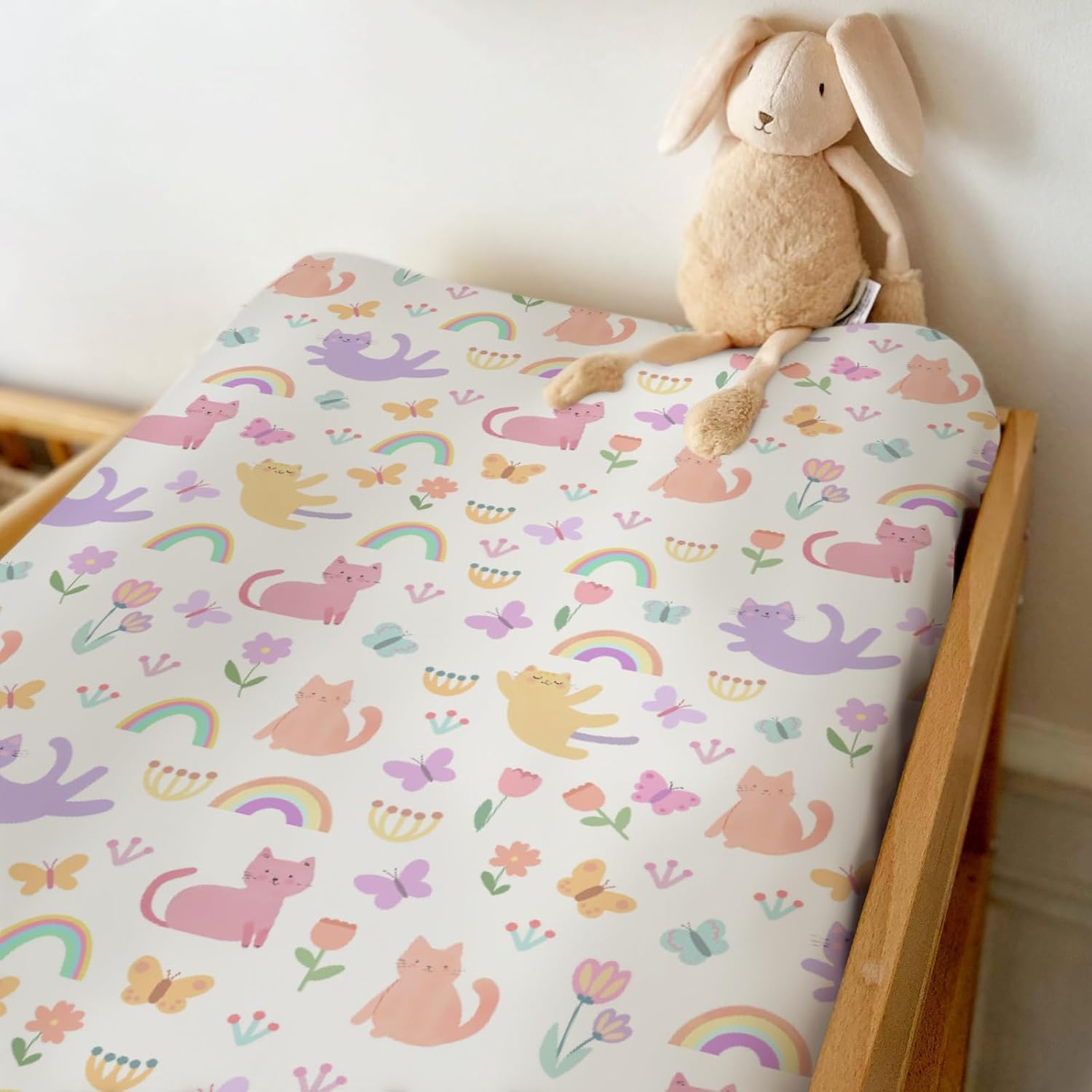 Colorful Cats Rainbow Flowers Changing Pad Covers for Baby Girls Boys Rainbow Cats Butterflies Fitted Changing Table Cover Mats Cat Lover Gift Soft Diaper Change Table Sheets 32''×16''