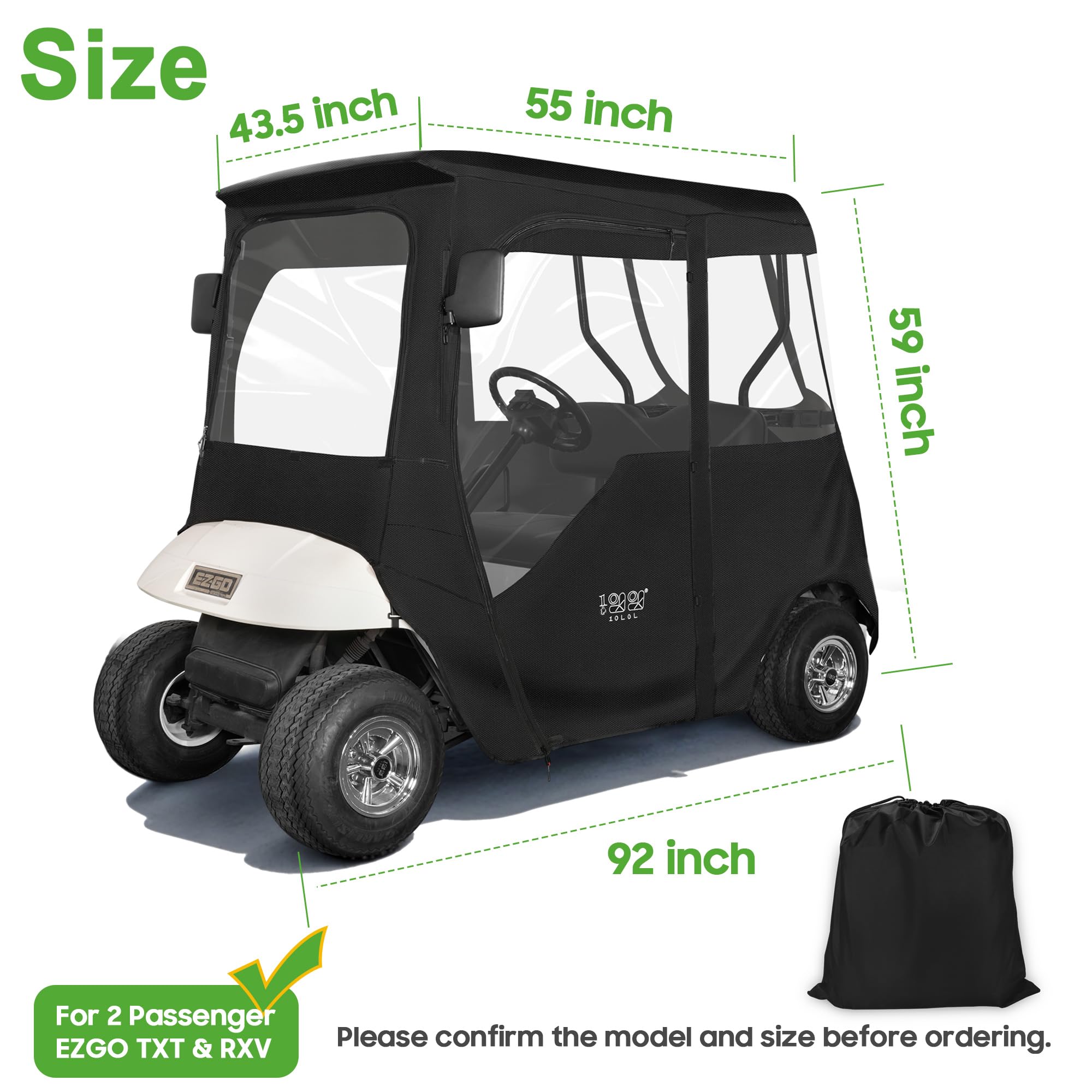 10L0L Golfwagen Deluxe Driving Enclosure 2 Passagiere, nur passend für EZGO TXT Golfwagen, strapazierfähig, 600D wasserdicht, tragbar, fahrbar, Aufbewahrungsabdeckung für Golfwagen, Gehäuse