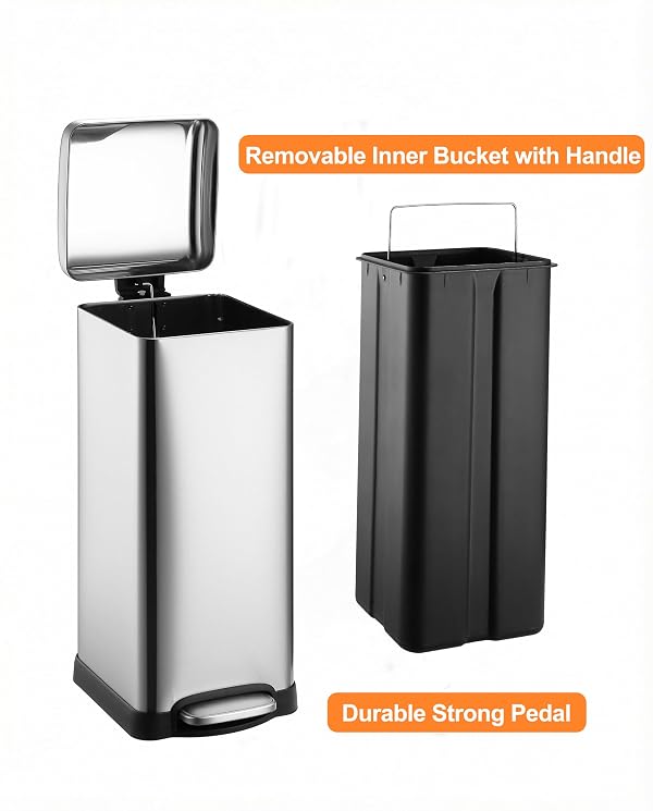 GarveeHome 8 Gallons Retro Stainless Steel Trash Can with Silent Soft-Close Lid – Elegant Kitchen & Office Garbage Bin, Step-on Foot Pedal, Easy-Clean Design for Home Decor by GarveeHome - Used condition - Image 3