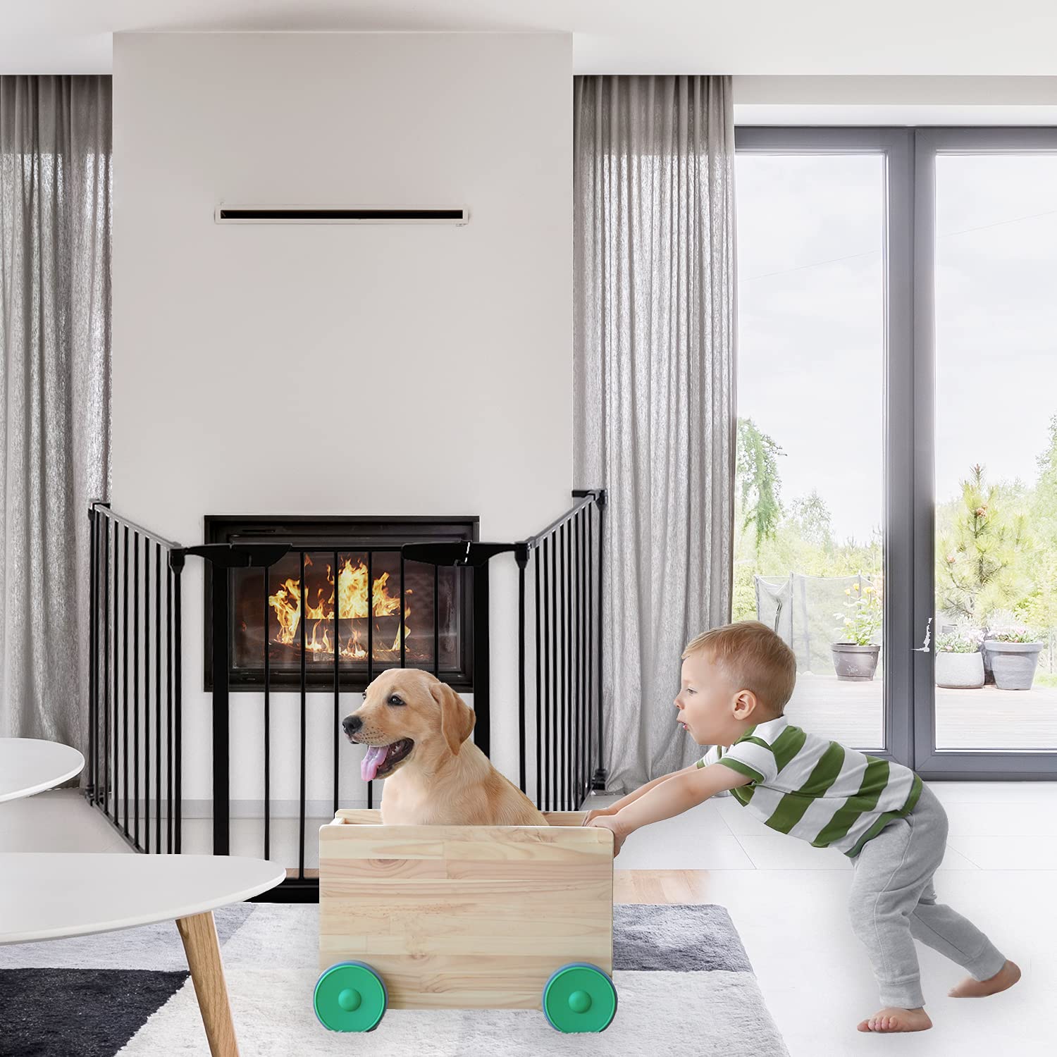Kaminschutzgitter Mit Tür – 304 Cm Sicherheitsgitter Für Kinder & Haustiere, 2-teilig, Schwarz