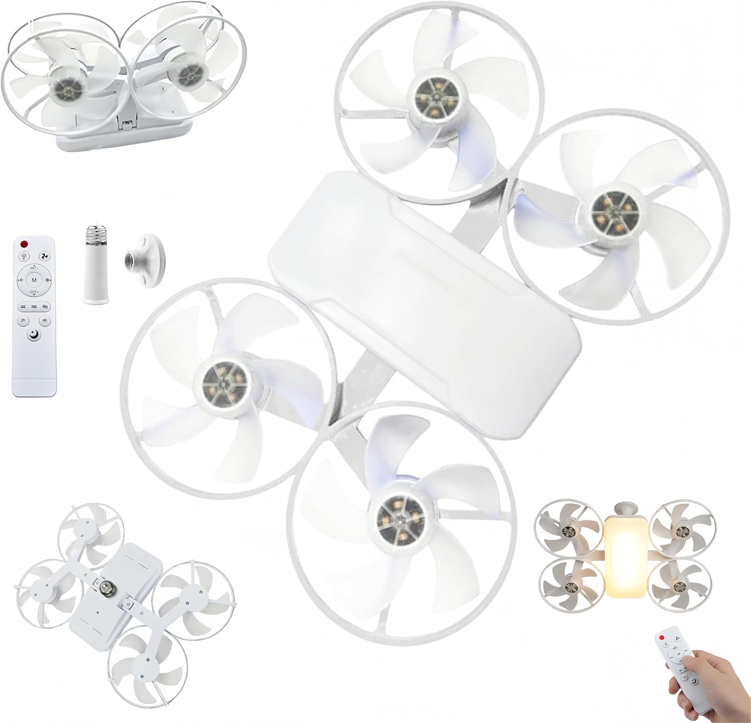 Drone-Inspired LED Ceiling Fan Light, Foldable Drone-Style Fan Lamp with Light Socket, Silent E27 Screw in Light Socket Fan, 3 Color Modes Ceiling Fan Light for Bedroom Garage (White)